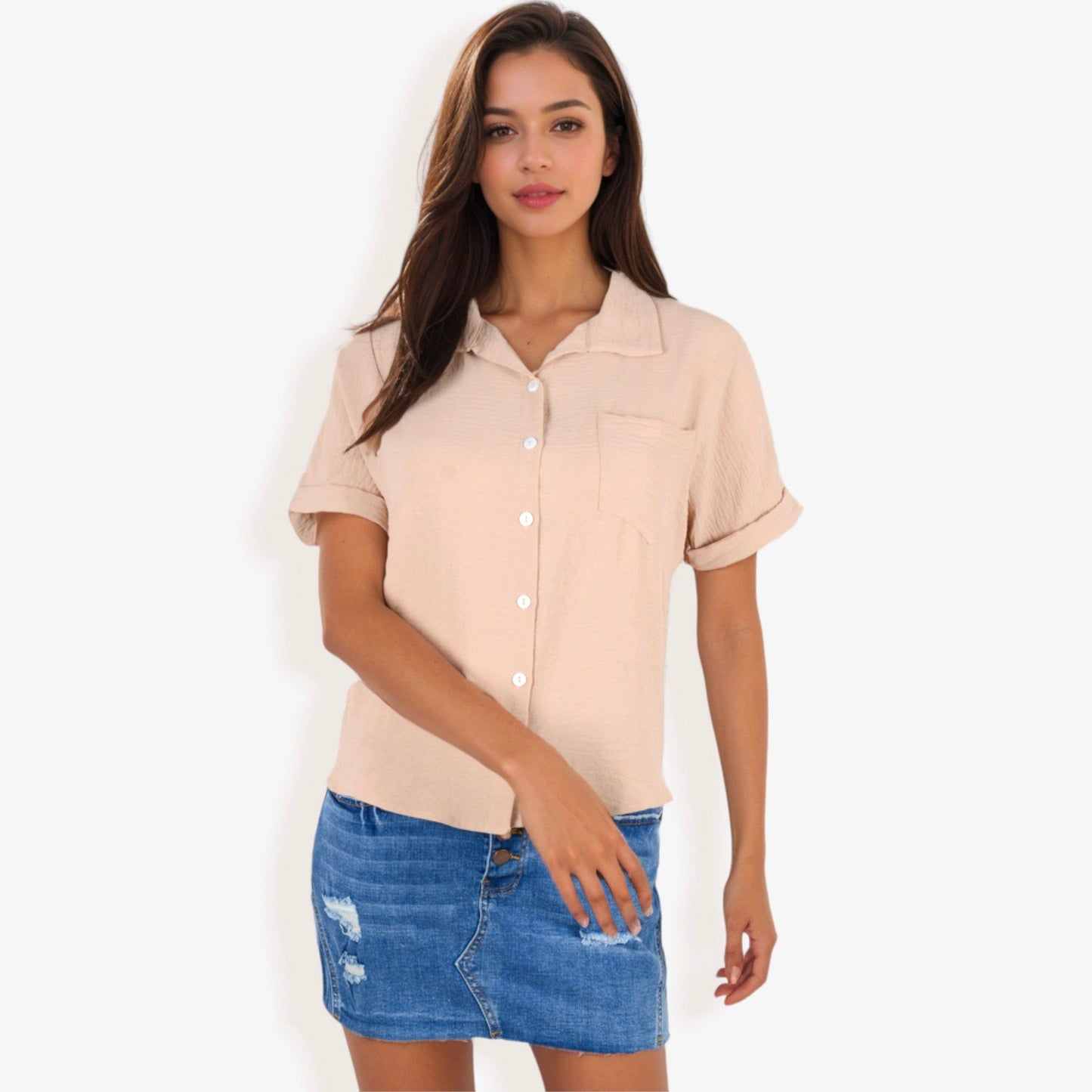 Short Sleeve Button Down Shirt Front Pocket Notched Collar