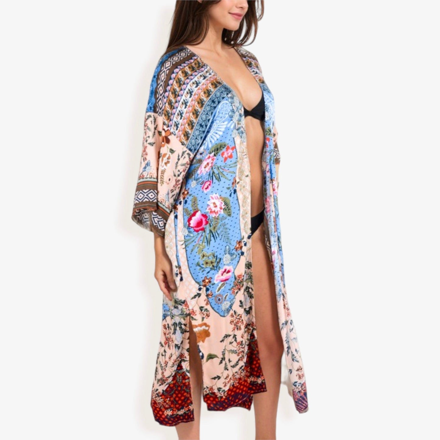 Long Bohemian DusterWith Mixed Floral Prints Wide Sleeves