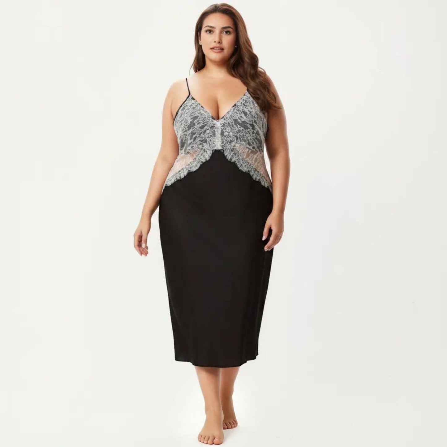 Plus Size Long Satin Chemise Lace Panel Nightgown Adjustable Strap Slip Sleep Dress