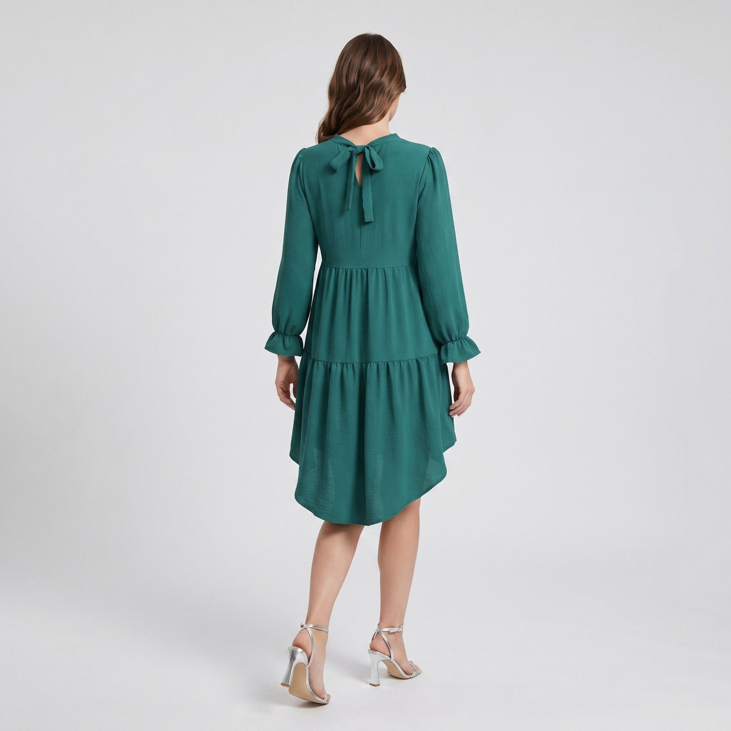 Maternity V Neck High Low Mini Dress with Long Sleeves and Tiered Hem
