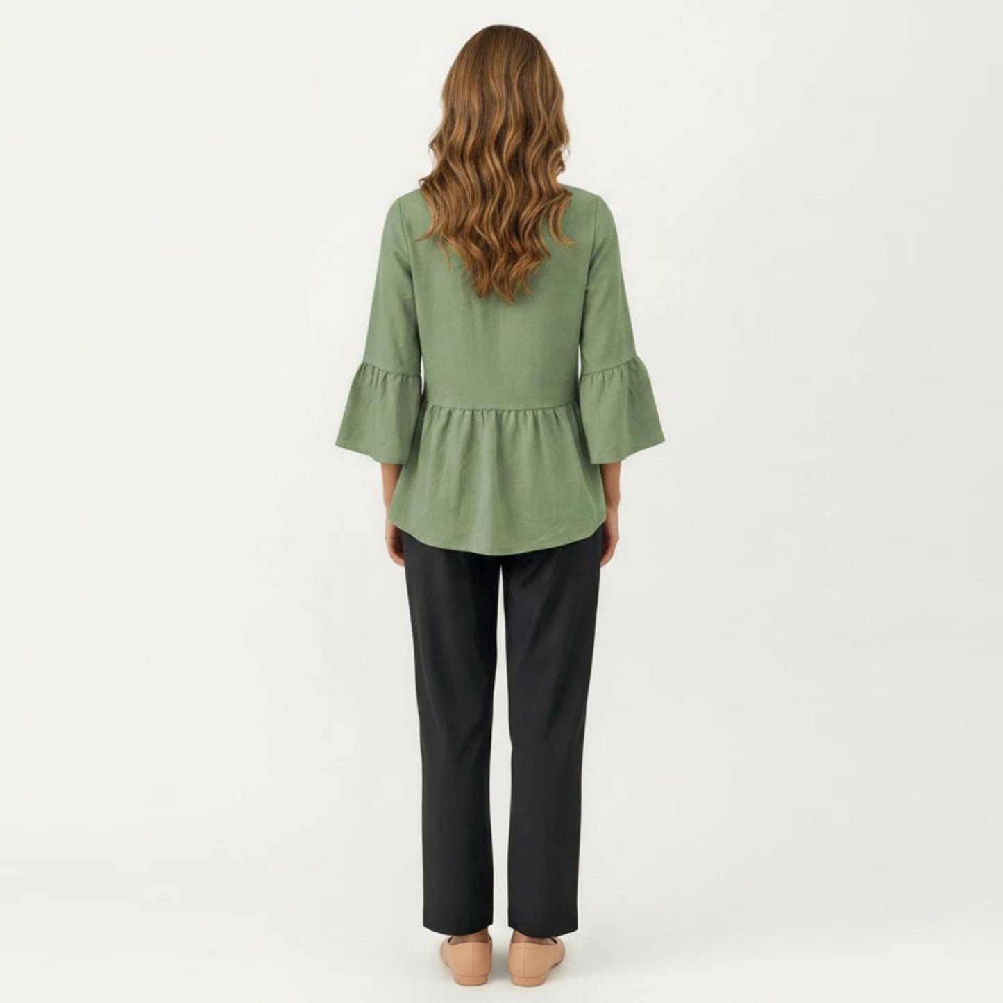 V-Neck Bell Sleeve Peplum Blouse with Button Detail and Gathered Waist