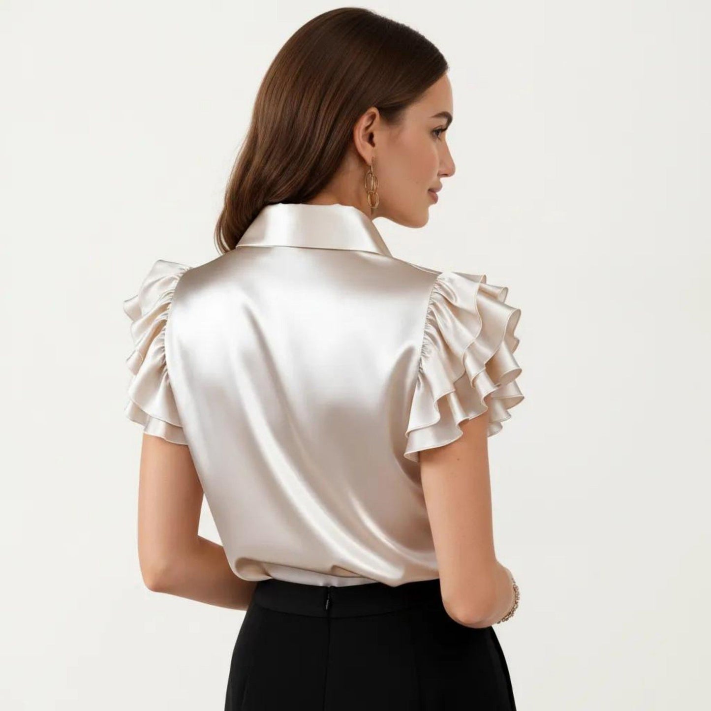 Satin Button Down Blouse with Ruffle Sleeves and Collared Neckline
