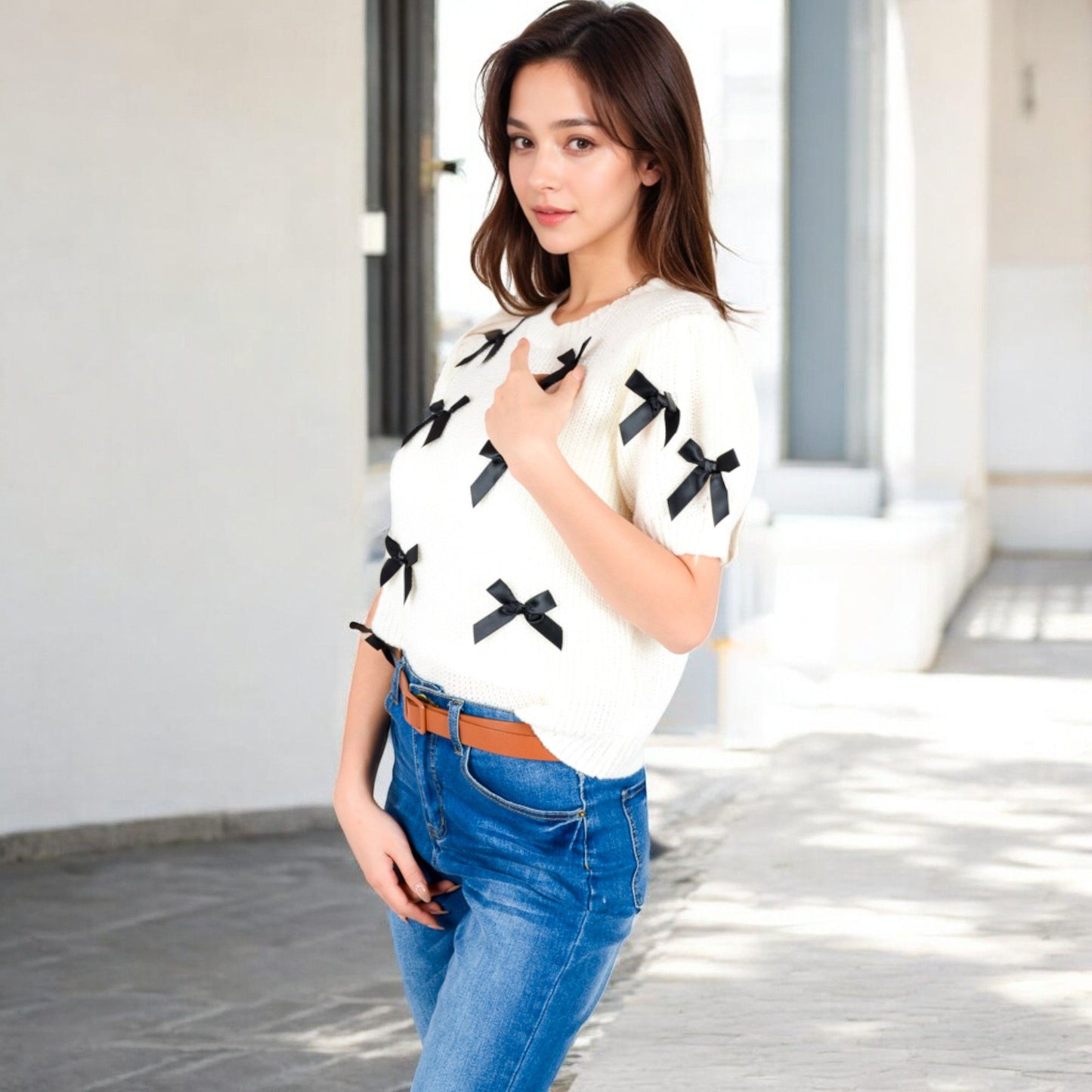 Short Sleeve Knit Sweater with Ribbon Bow Accents