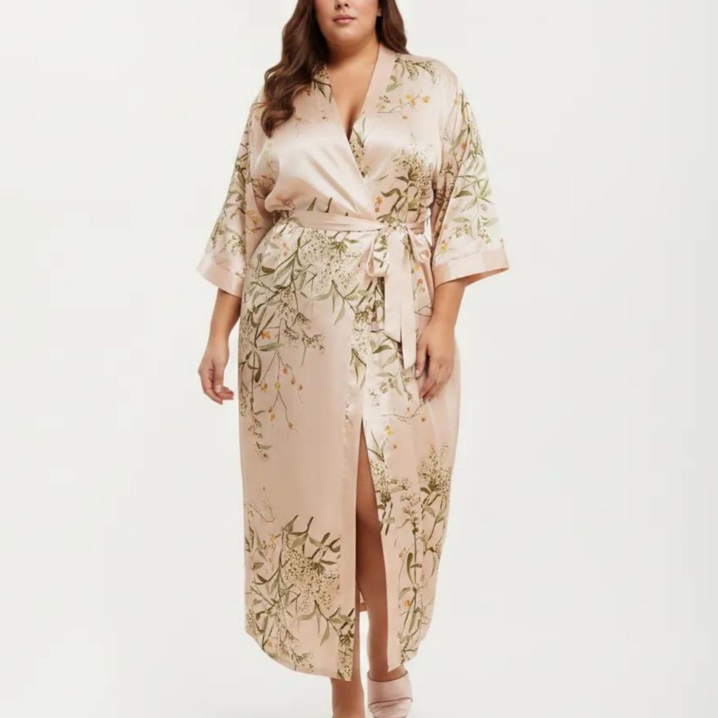 Plus Size Satin Floral Kimono Robe with Self Tie Belt Longline Open Front Lightweight Sleepwear