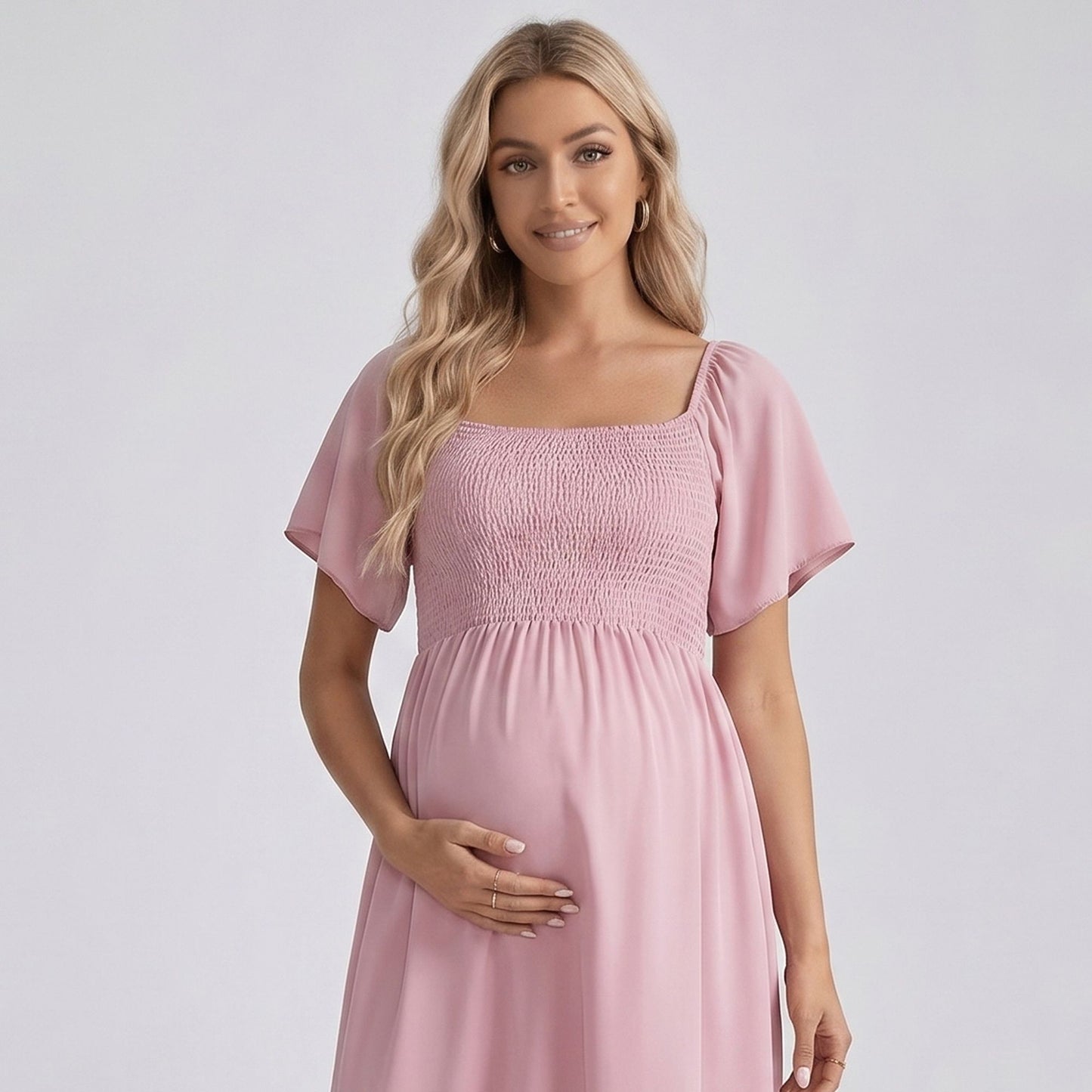 Maternity Off Shoulder Smocked Maxi Dress with Short Sleeves and Flowy Skirt