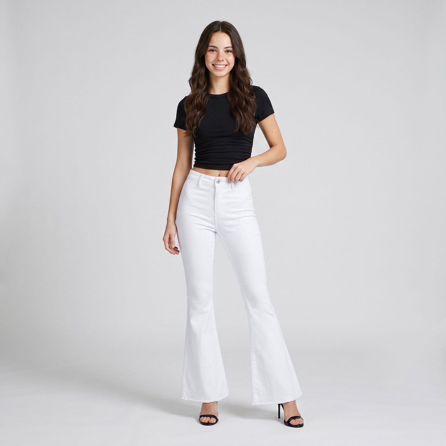 High Rise Flare Pants Button Front Stretch Wide Leg Hem Pants