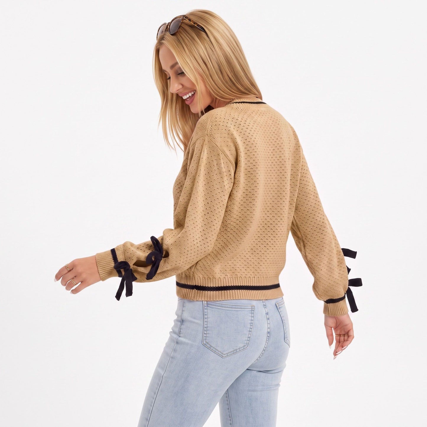 Pointelle Knit Bow Sleeve Crew Neck Long Sleeve Sweater