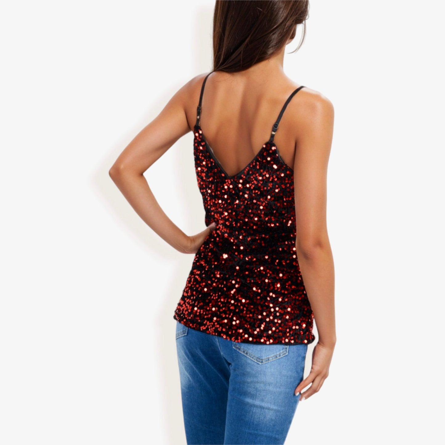 Sequined Spaghetti Strap V-Neck Camisole Top Party Night Out