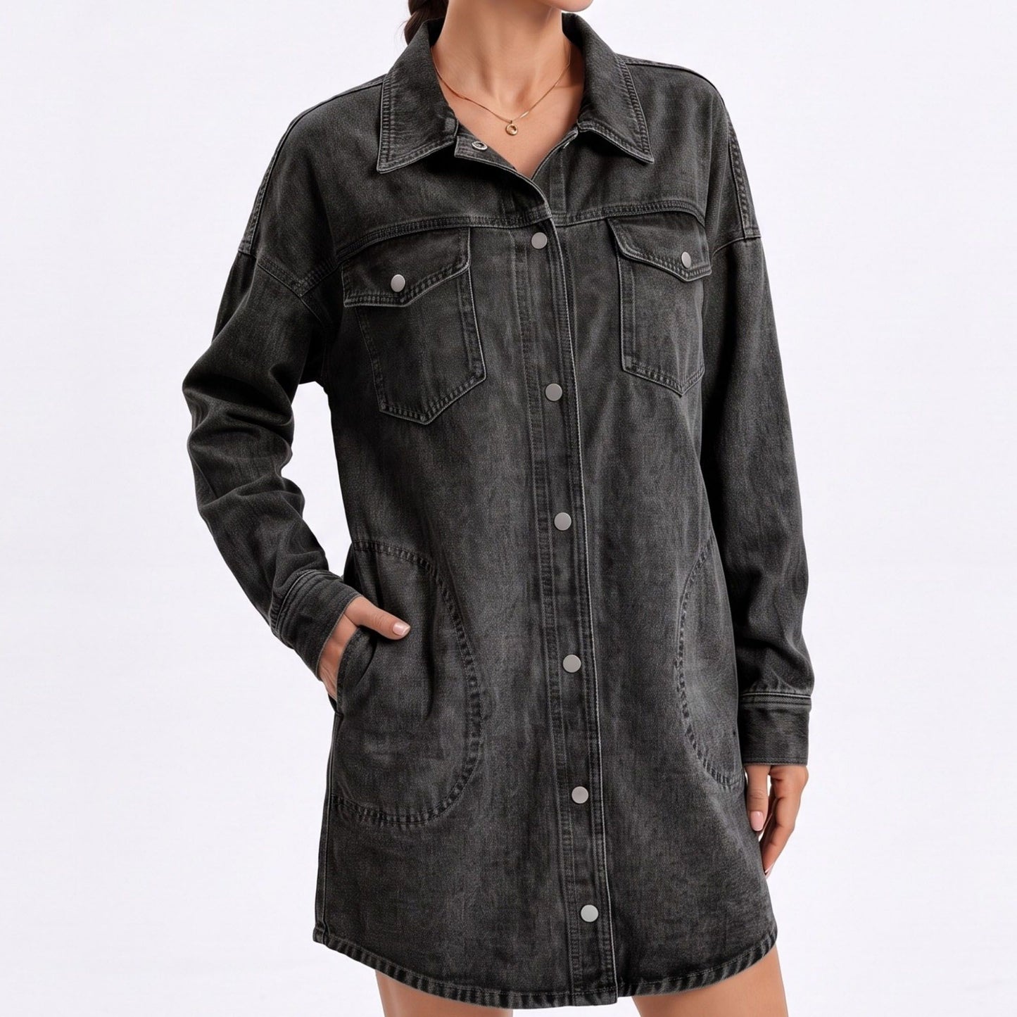 Washed Denim Shirt Jacket Long Sleeve Snap Front Oversized Shacket with Pockets