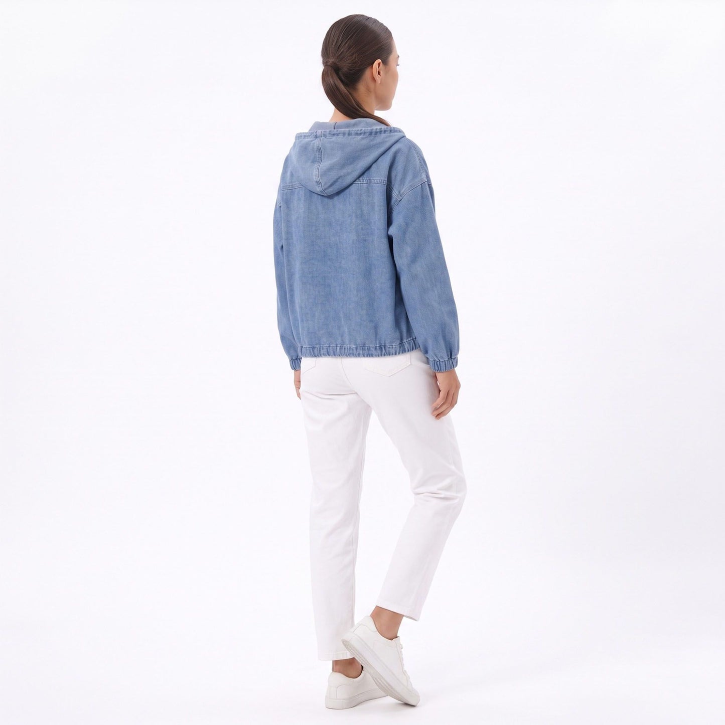 Washed Denim Hooded Pullover Jacket Long Sleeve Kangaroo Pocket Casual Outerwear
