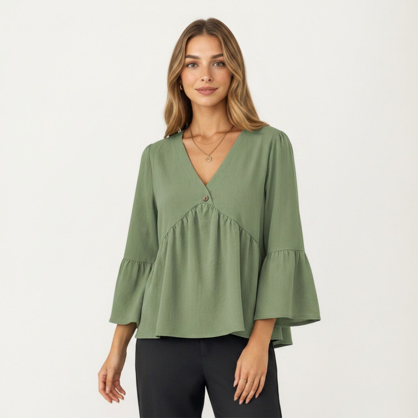 V-Neck Bell Sleeve Peplum Blouse with Button Detail and Gathered Waist