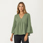 V-Neck Bell Sleeve Peplum Blouse with Button Detail and Gathered Waist
