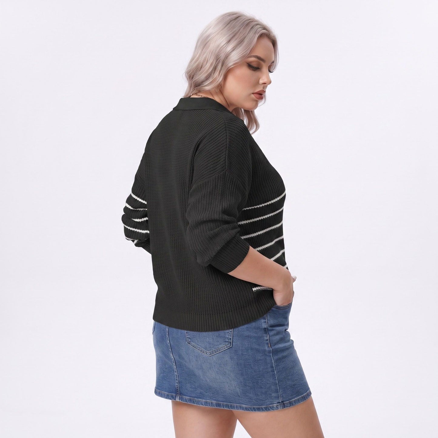 Plus Size Striped Johnny Collar Knit Sweater