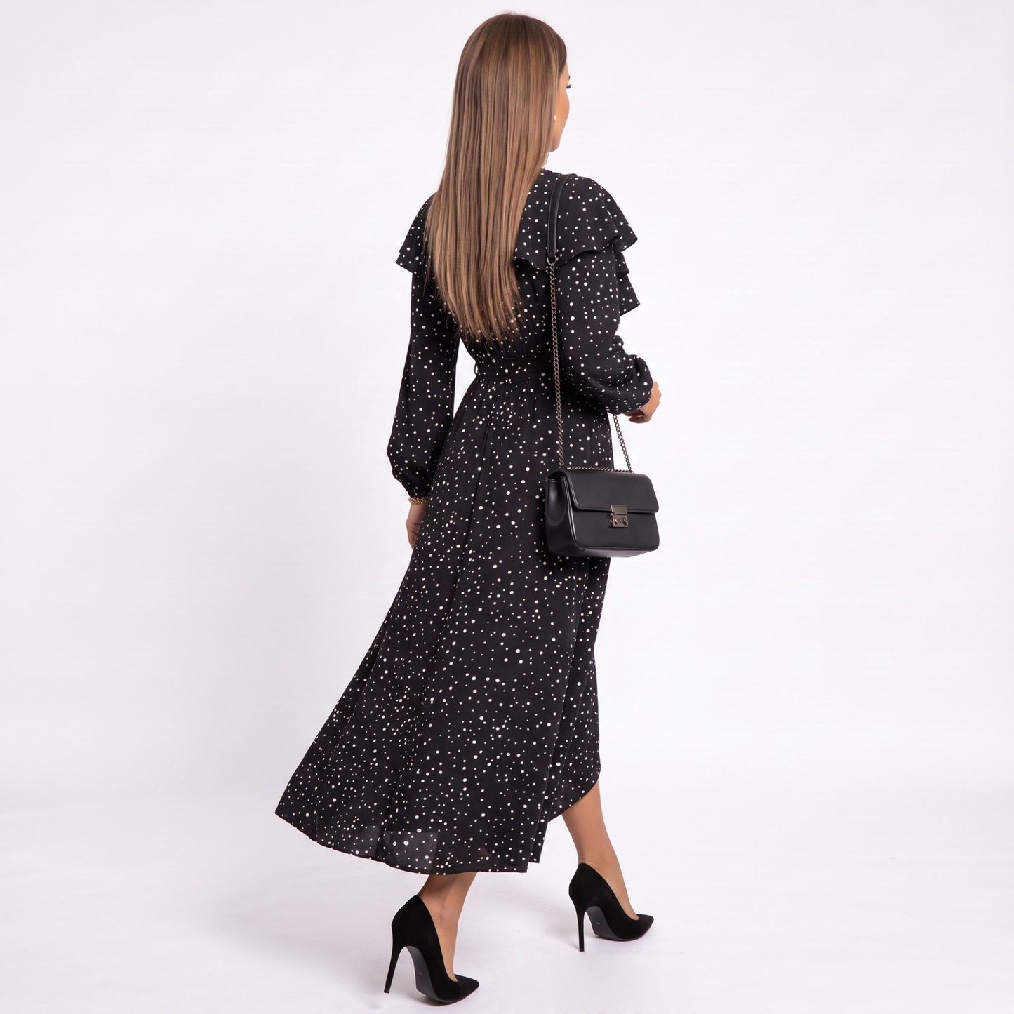 Polka Dot Maxi Dress Ruffle V Neck Long Sleeve Tie Waist Wrap Style Dress