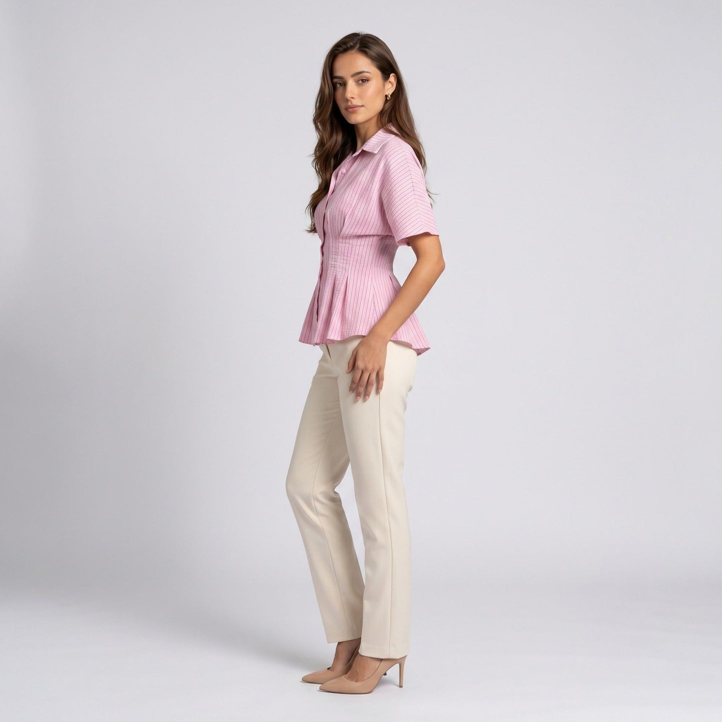 Striped Button Front Peplum Blouse with Collared Neck and Pleated Hem