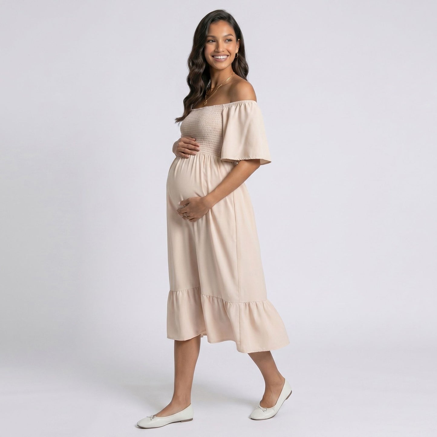 Maternity Off Shoulder Smocked Maxi Dress with Short Sleeves and Flowy Skirt