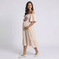 Maternity Off Shoulder Smocked Maxi Dress with Short Sleeves and Flowy Skirt