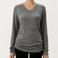 Long Sleeve V-Neck Top with Side Drawstring Ruched Hem