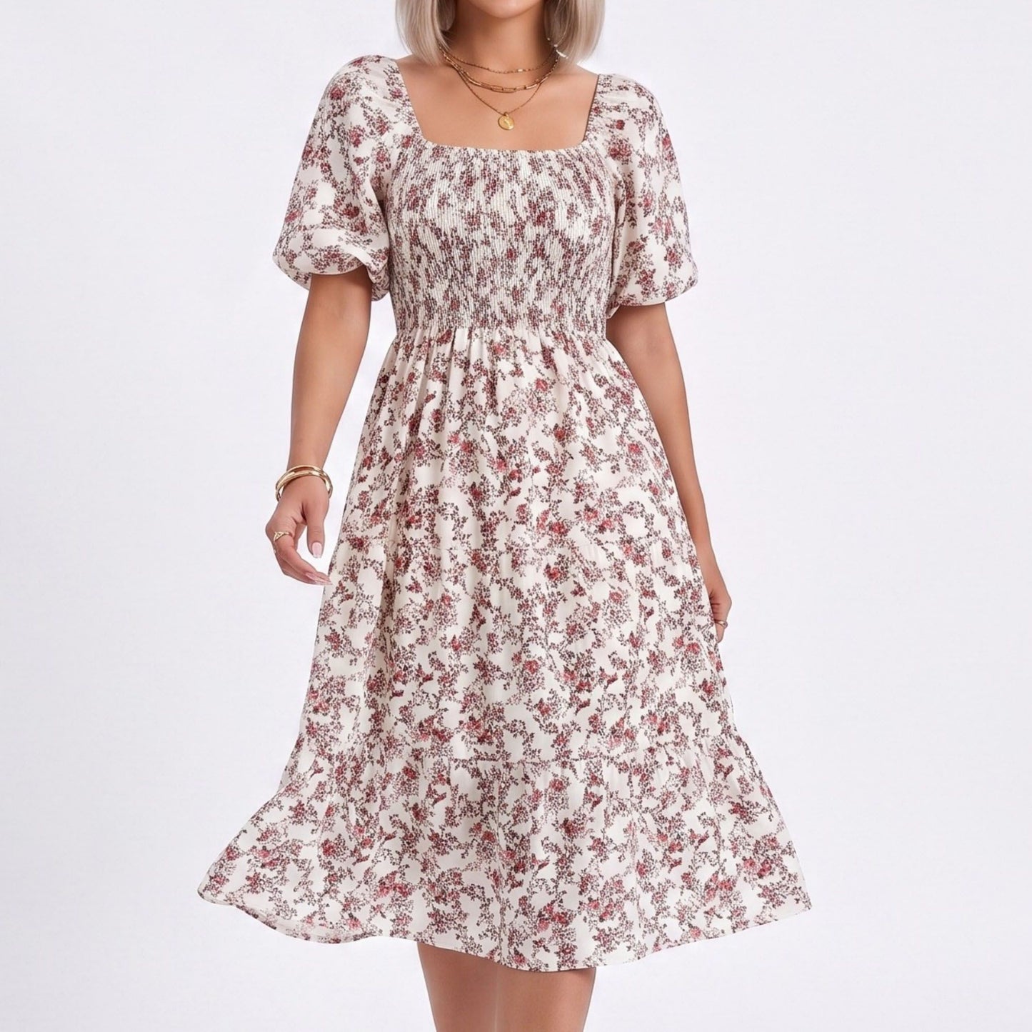 Floral Square Neck Smocked Bodice Tiered Midi Dress
