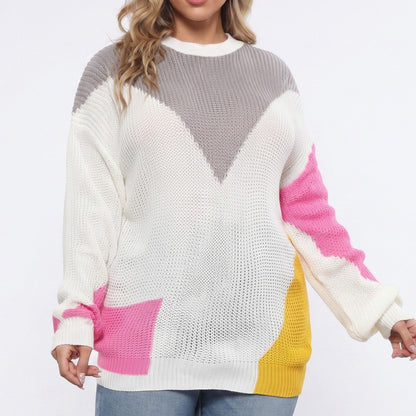 Plus Size White Multicolor Geometric Colorblock Sweater