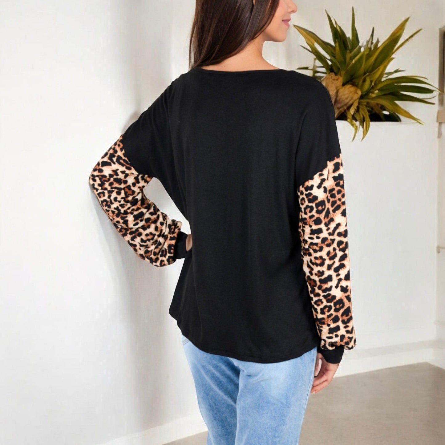 Crisscross V-Neck Top with Leopard Print Sleeves