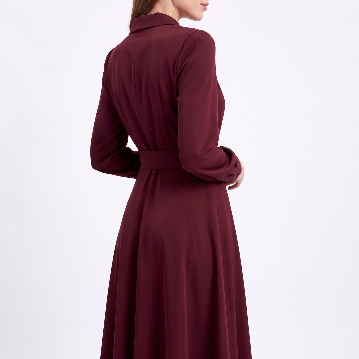 Long Sleeve Notched Collar Midi Dress with Defined Waist and Flared Skirt