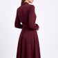 Long Sleeve Notched Collar Midi Dress with Defined Waist and Flared Skirt