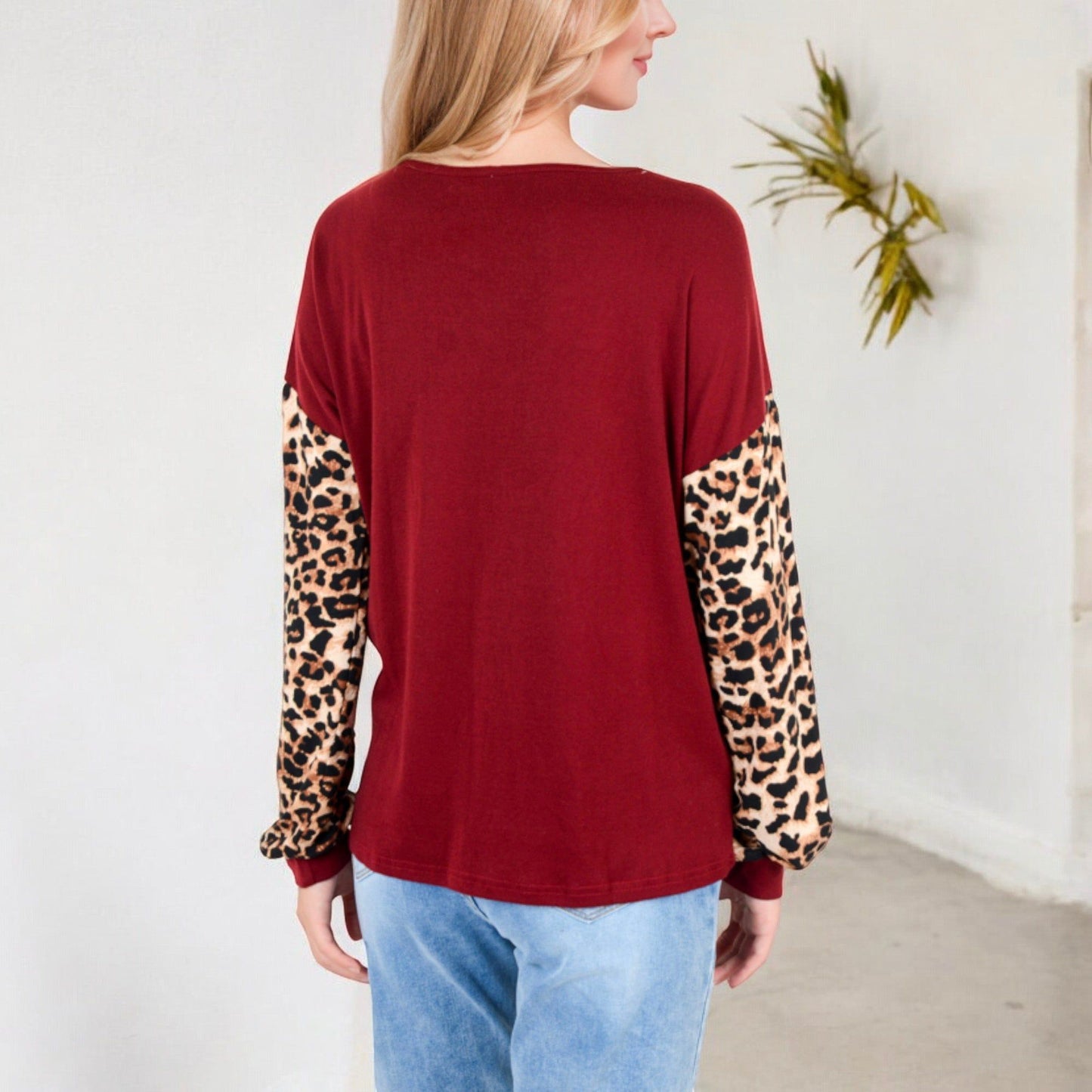 Crisscross V-Neck Top with Leopard Print Sleeves