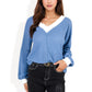 V-Neck Waffle Knit Long Sleeve Top Contrast Trim Relaxed Fit