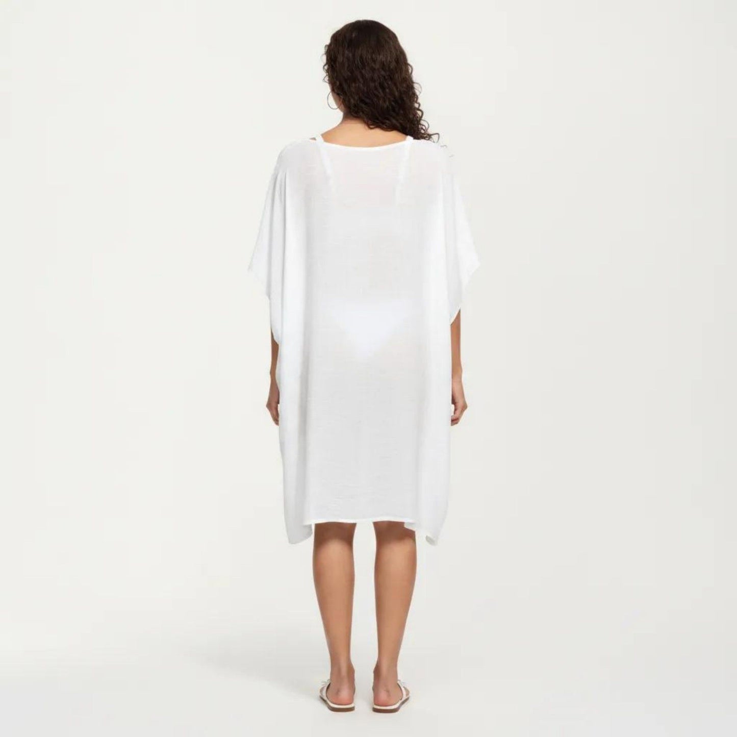 Crochet Trim Swim Cover Up Dress Loose Short Sleeve Lightweight Beach Kaftan