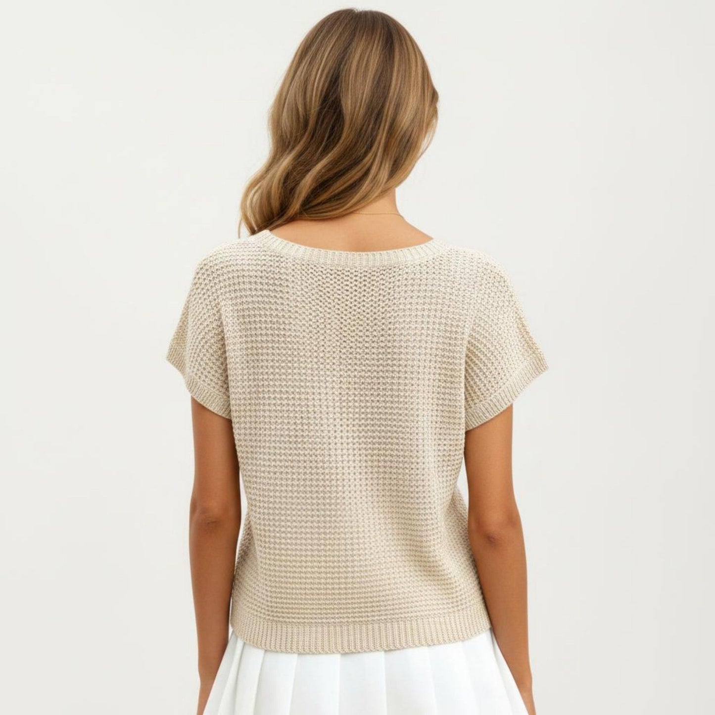 Short Sleeve Textured Knit Top with Crew Neck Ribbed Trim and Relaxed Fit