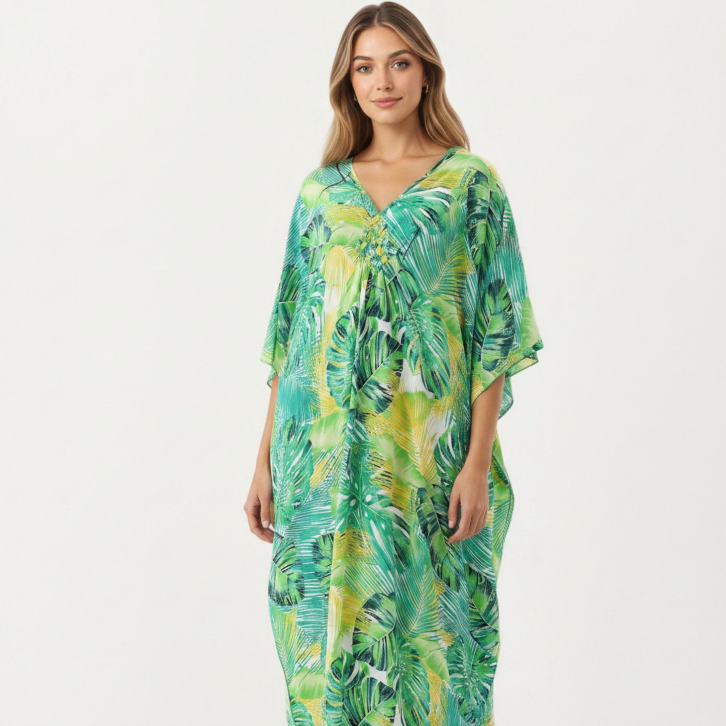 Paisley Print Maxi Dress with V-Neckline Short Sleeves and Relaxed Flowing Silhouette