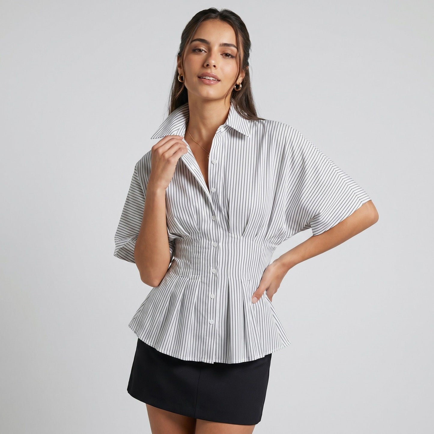 Striped Button Front Peplum Blouse with Collared Neck and Pleated Hem