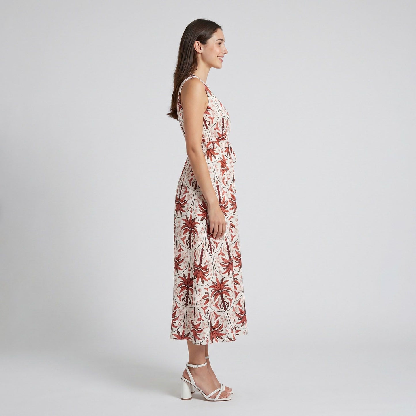 Botanical Print Sleeveless V-Neck Tie Waist Maxi Dress with Side Pockets and Relaxed A-Line Silhouette