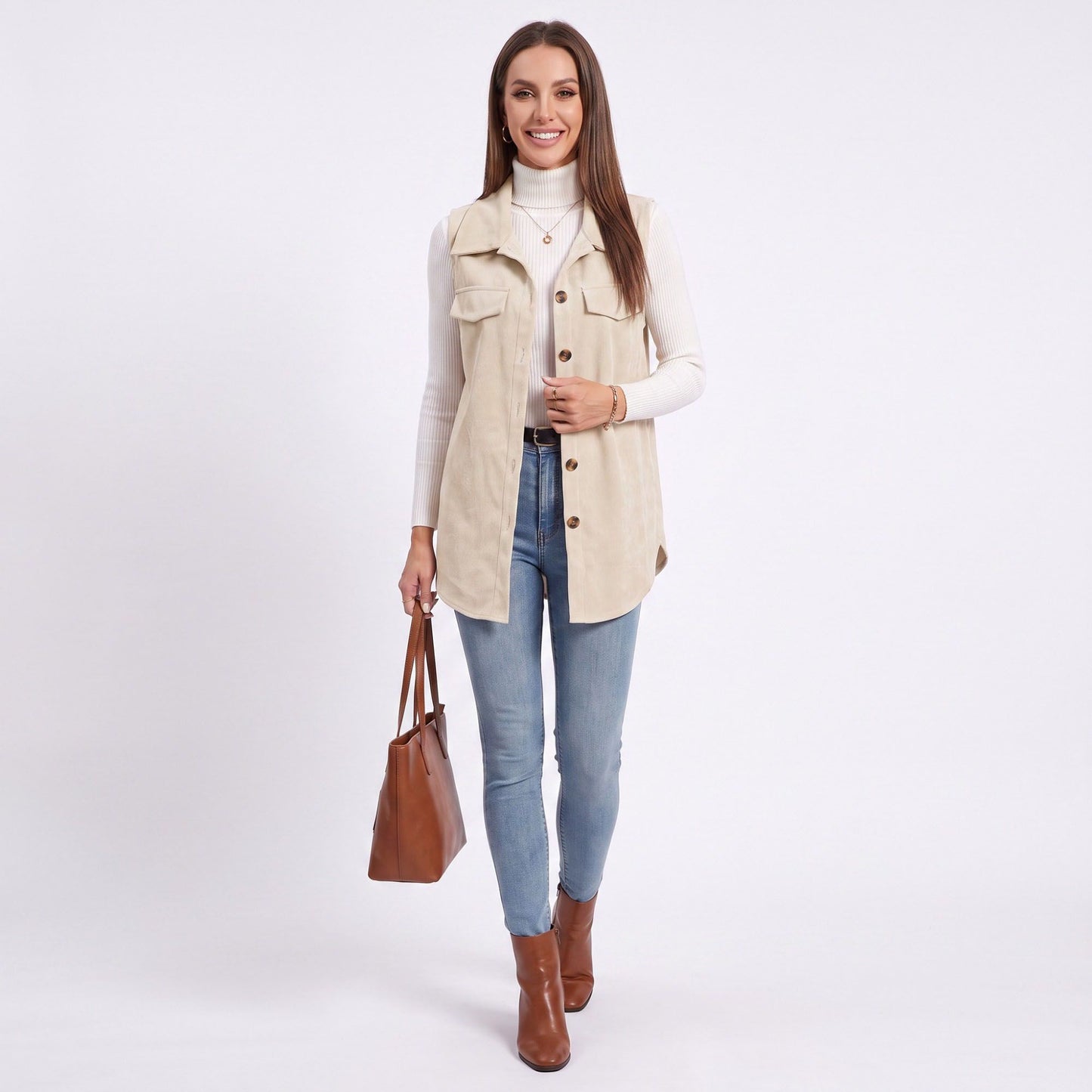 Button Front Corduroy Vest with Flap Pockets