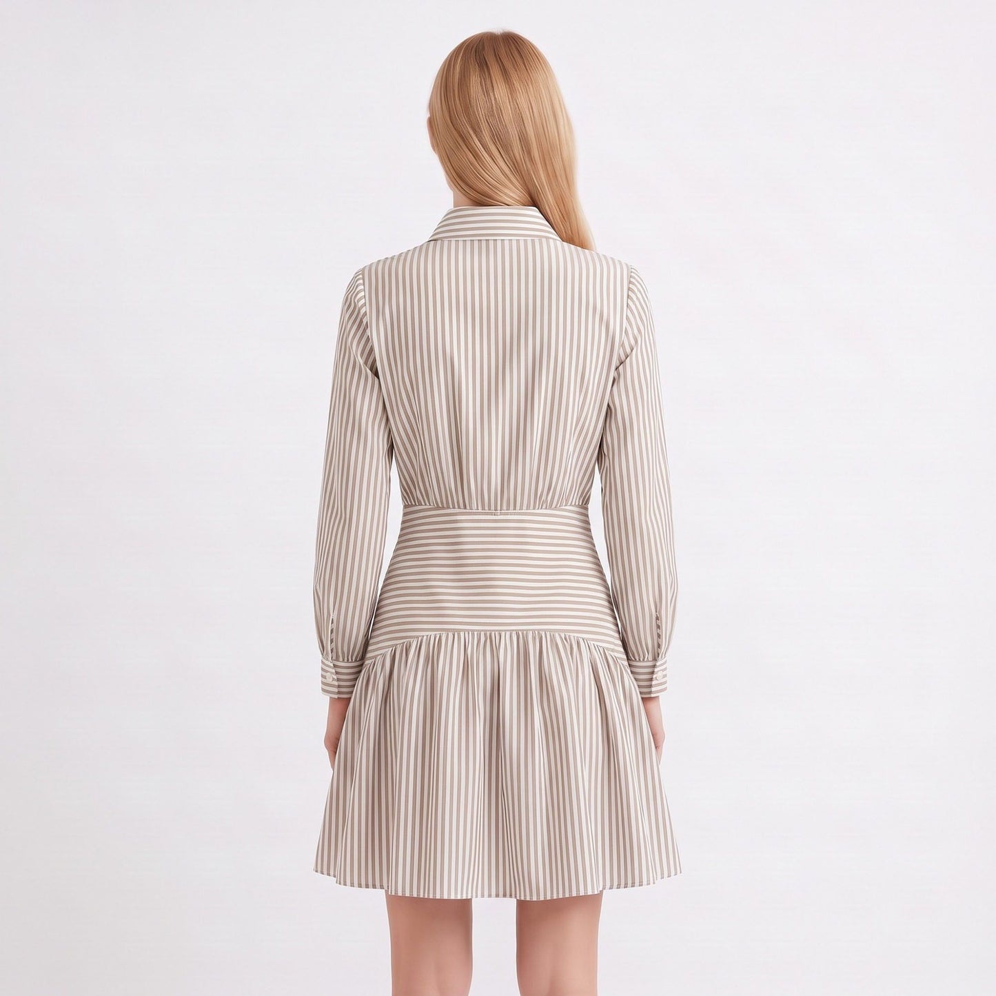 Striped Long Sleeve Collared Shirt Dress with Drop Waist