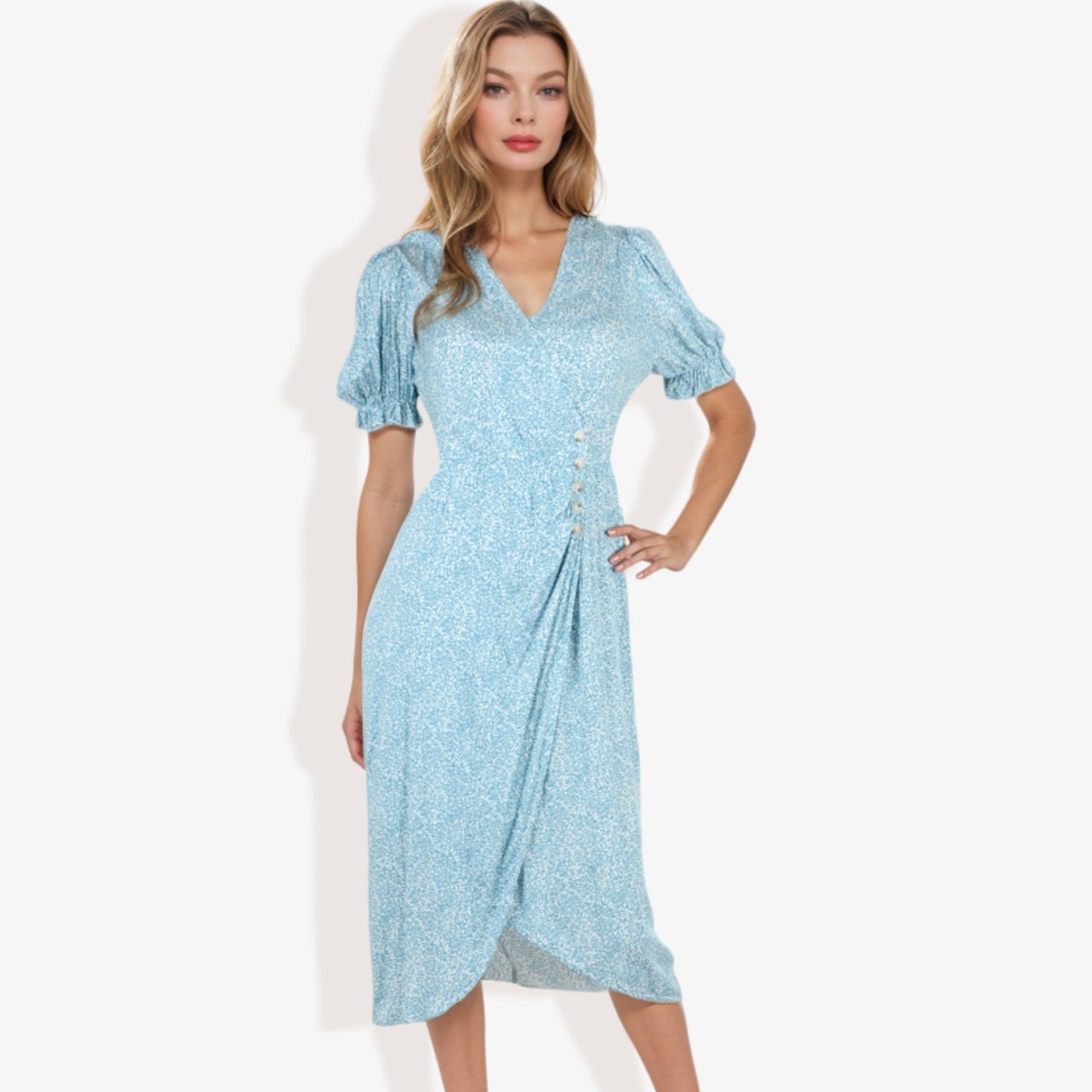 Short Sleeve Wrap Dress With Button Detail And V-Neckline