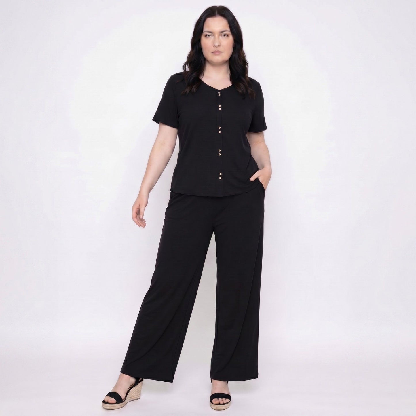 Plus Size 2-Piece Short Sleeve Button Front Pajama Top and Wide Leg Pants Sleepwear Lounge Set