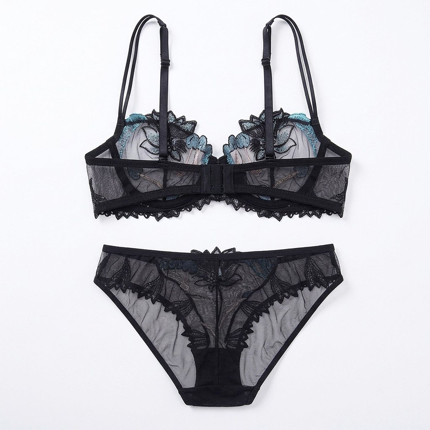 Floral Embroidered Sheer Mesh Underwire Bra and Panty Two Piece Lingerie Set