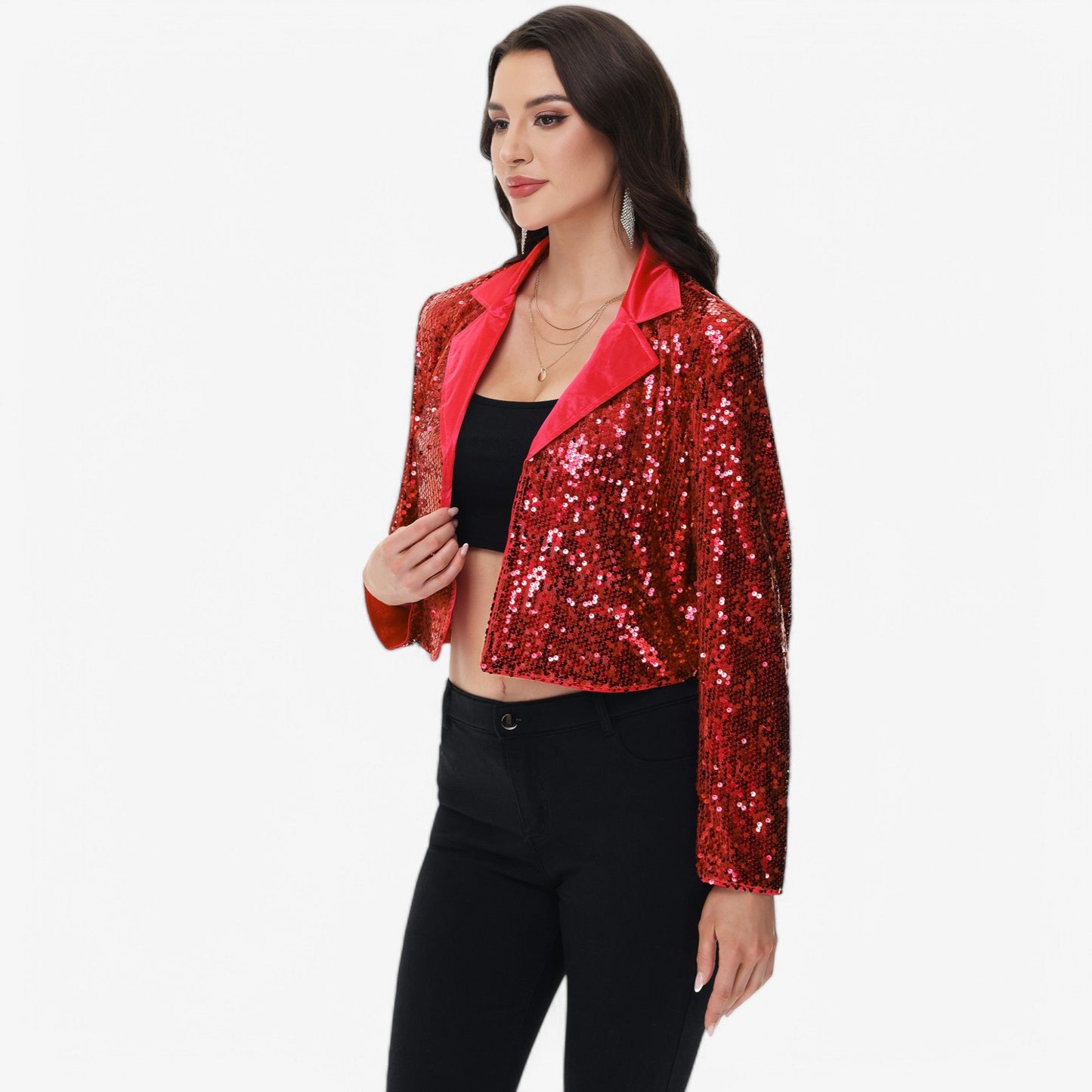 Sequin Cropped Blazer Long Sleeve Sparkly Open Front Jacket