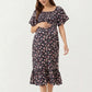 Maternity Floral Square Neck Midi Dress with Short Sleeves and Ruffle Hem