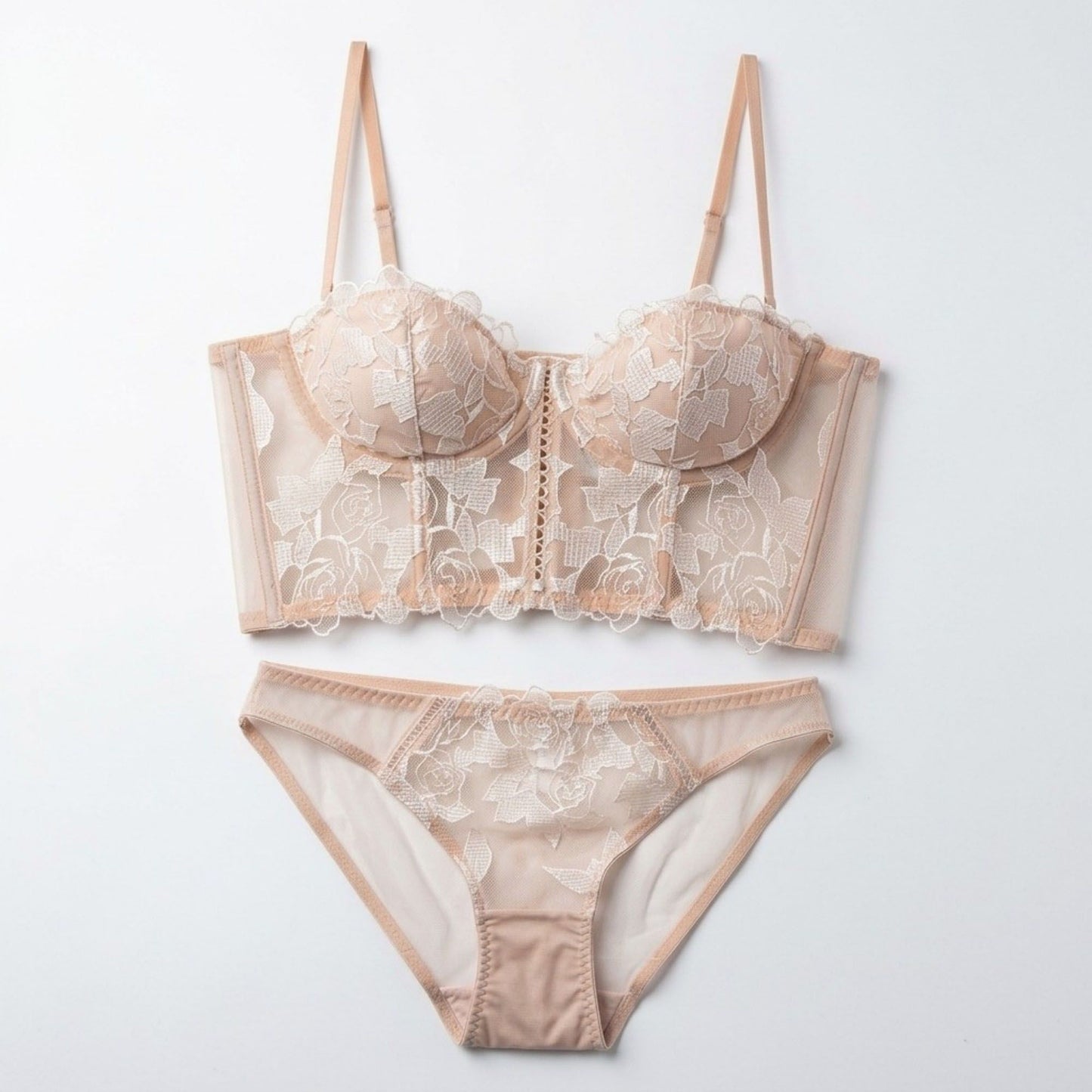 2 Piece Rose Lace Longline Underwire Bra and Panty Lingerie Set