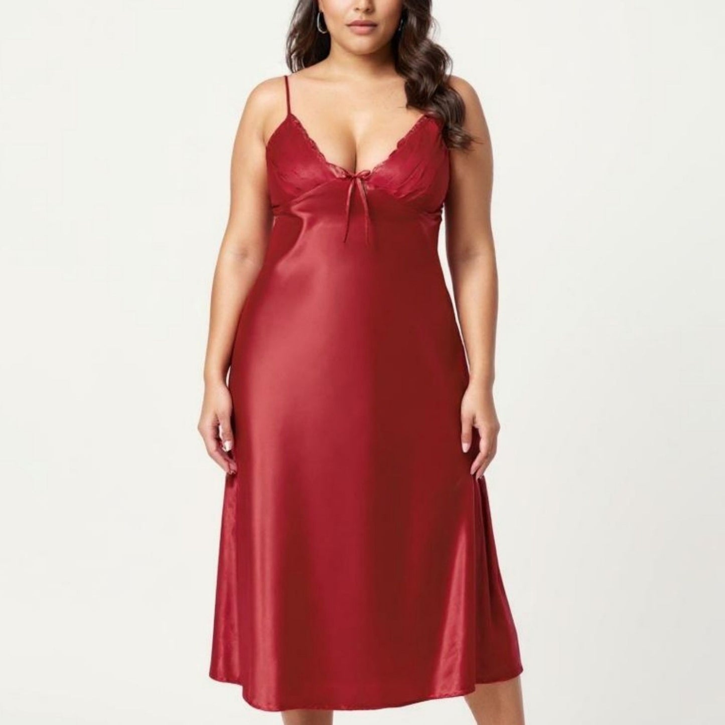 Plus Size Satin Chemise Nightgown with Lace Trim Neckline Adjustable Straps Side Slit Slip Dress