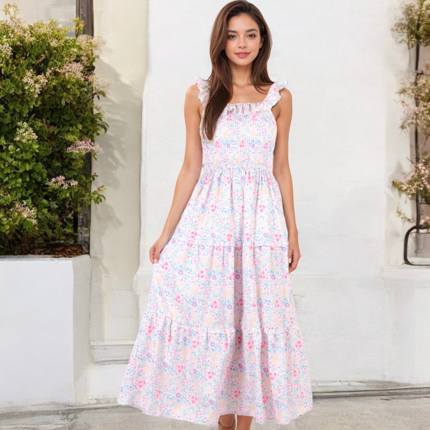 Smocked Chest Floral Print Maxi Dress with Ruffle Hem