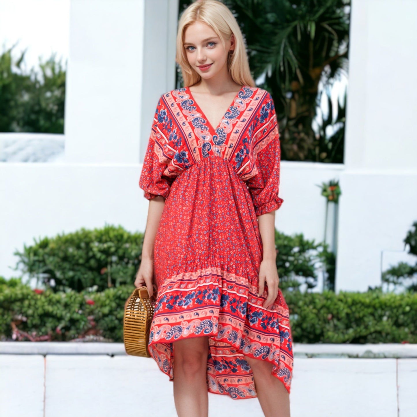 Mixed Print Asymmetrical Hem Dress