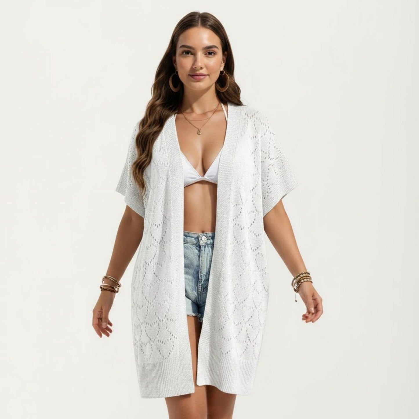 Open Front Knit Cardigan with Heart Pointelle Pattern Short Sleeves Relaxed Mid Length Fit