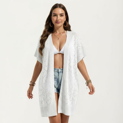 Open Front Knit Cardigan with Heart Pointelle Pattern Short Sleeves Relaxed Mid Length Fit
