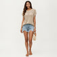 Short Sleeve Knit Top with Floral Eyelet Pattern and Ribbed Crew Neck