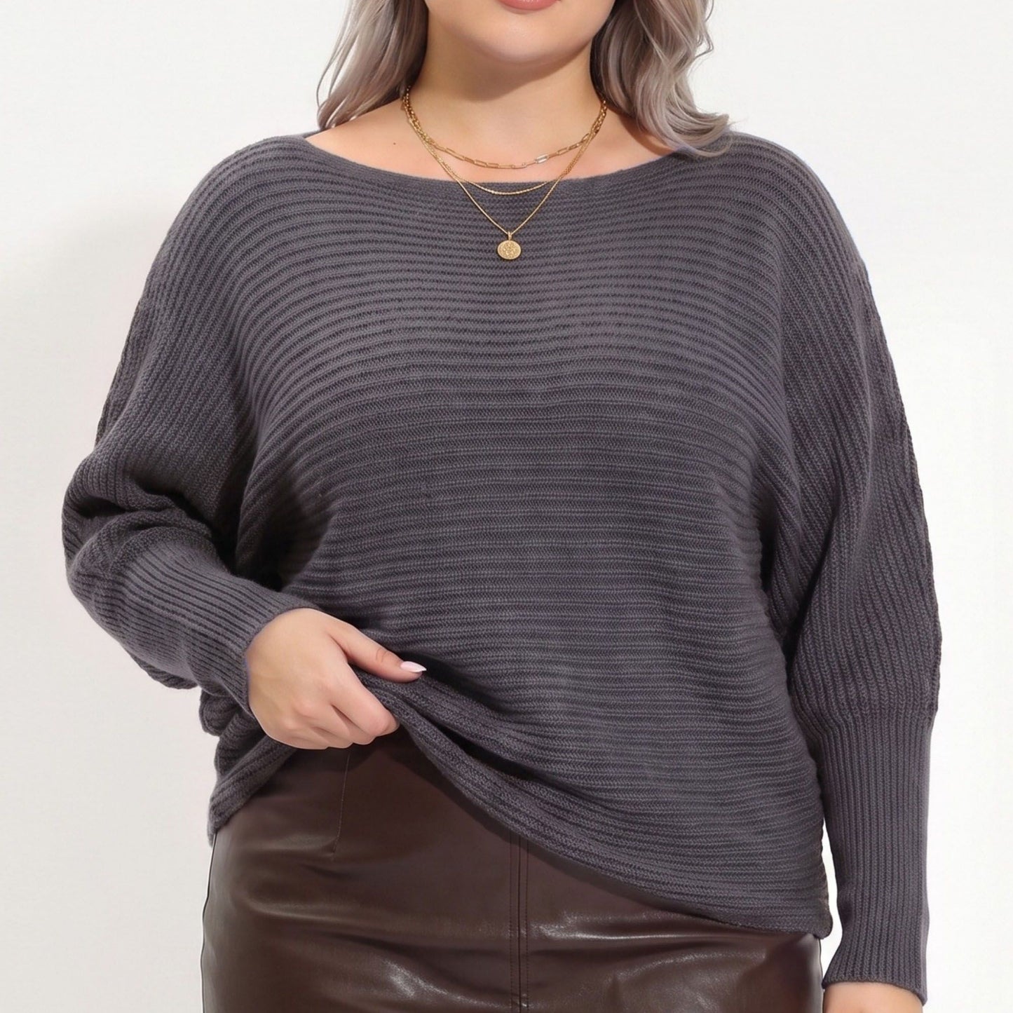 Plus Size Boat Neck Dolman Sleeve Pullover Sweater