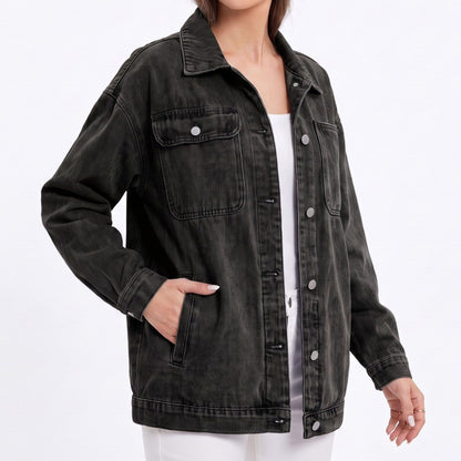 Oversized Denim Jacket Button Front Long Sleeve Casual Jean Shacket With Pockets